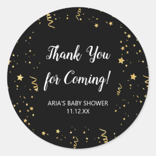 Gold Celebration on Black Baby Shower Favour Classic Round Sticker