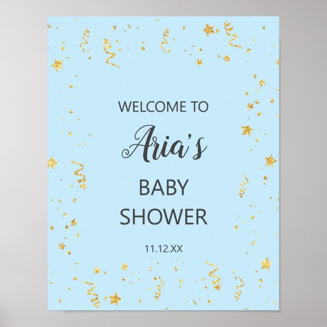 Gold Celebration on Blue Baby Shower Welcome Sign (Front)