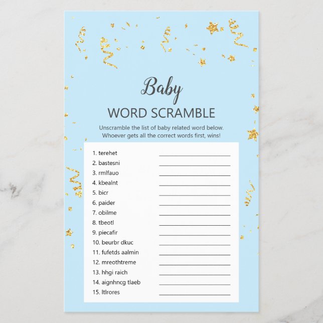 Gold Celebration on Blue Baby Word Scramble Game Flyer (Front)