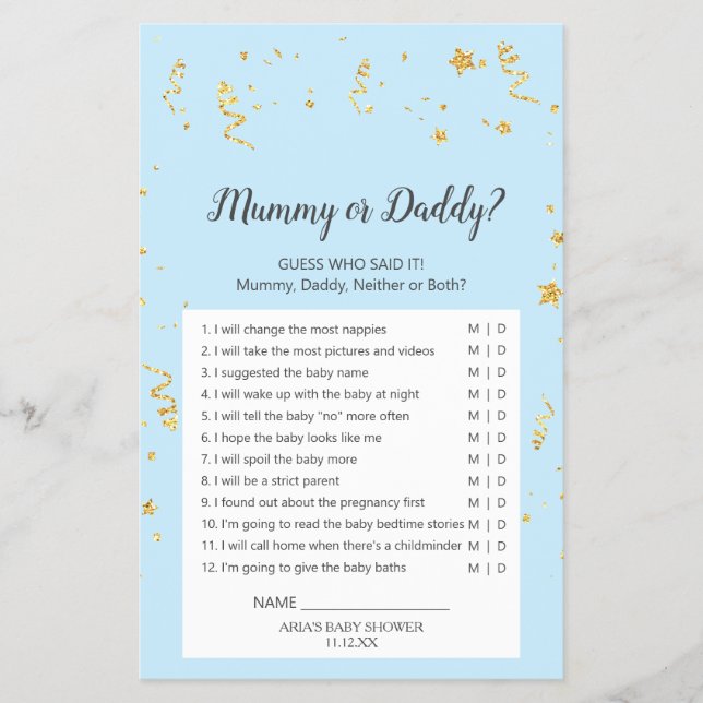Gold Celebration on Blue Mommy or Daddy Game Flyer (Front)
