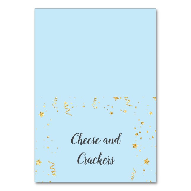 Gold Celebration on Blue Shower Buffet Food Labels Table Number (Front)