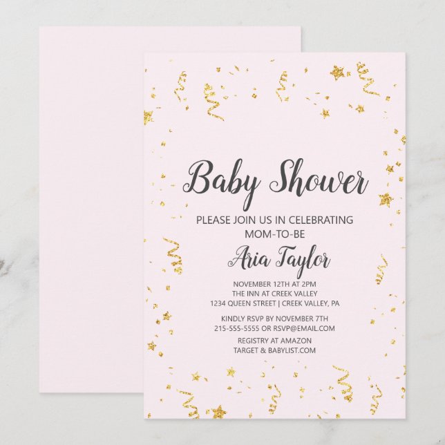 Gold Celebration on Pink Calligraphy Baby Shower Invitation (Front/Back)