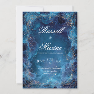 Gold Celestial Liquid Blue Smoke Winter Wedding Invitation