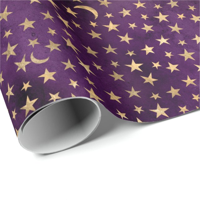 Gold Celestial Moon And Stars Dark Purple Wrapping Paper (Roll Corner)