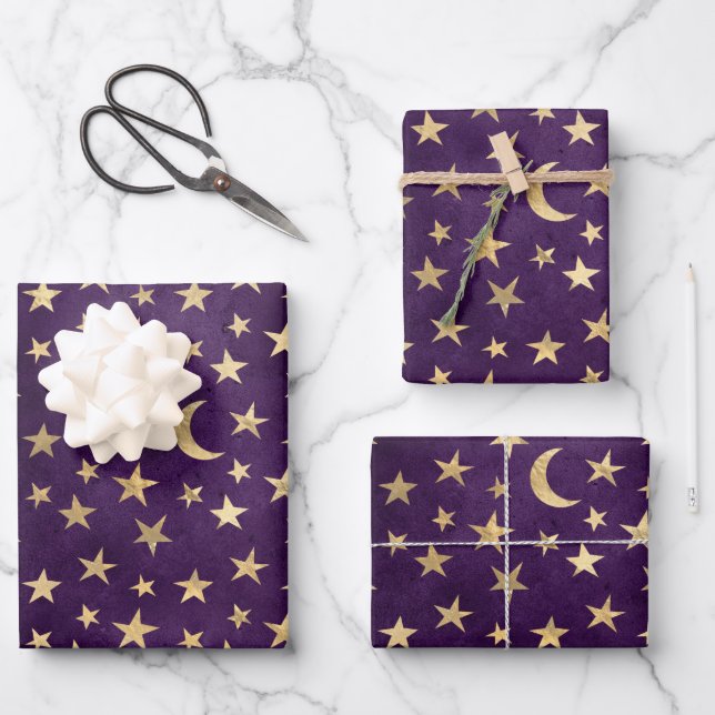 Gold Celestial Moon And Stars Dark Purple Wrapping Paper Sheet (Front)