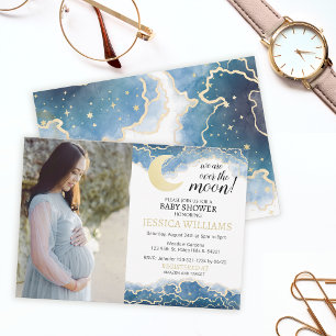 Gold celestial moon baby shower photo invitation