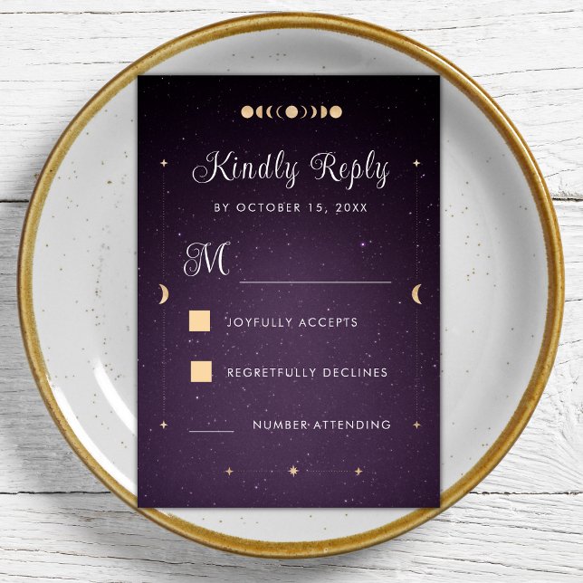 Gold Celestial Purple Galaxy Cosmic Wedding RSVP Card (Creator Uploaded)