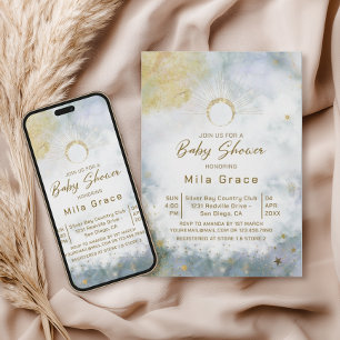 Gold Celestial Sky Watercolor Baby Shower Invitation