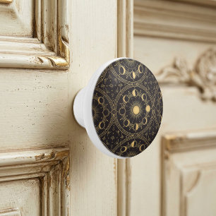 Gold Celestial Sun Moon Phases Geometric Pattern Ceramic Knob