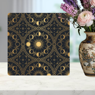Gold Celestial Sun Moon Phases Geometric Pattern Tile