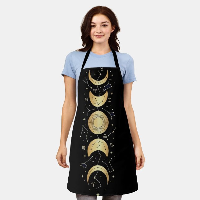 Gold Celestial Sun & Moon Phases– Mystical Zodiac  Apron (Worn)