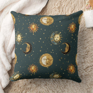 Gold Celestial Sun Moon Stars Midnight Blue Cushion