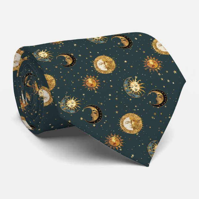 Gold Celestial Sun Moon Stars Midnight Blue Tie (Rolled)