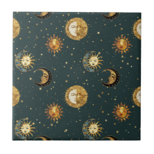 Gold Celestial Sun Moon Stars Midnight Blue Tile