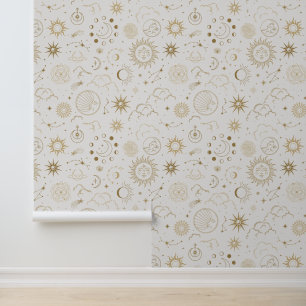 Gold Celestial Sun Moon Stars Wallpaper