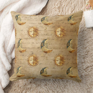 Gold Celestial Sun Moon Vintage Astrology Pattern Cushion