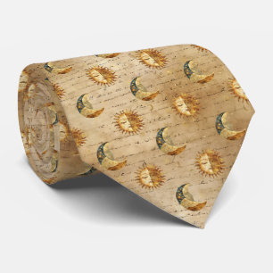 Gold Celestial Sun Moon Vintage Astrology Pattern Tie