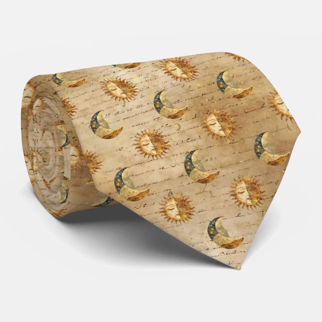 Gold Celestial Sun Moon Vintage Astrology Pattern Tie (Rolled)