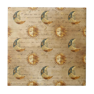 Gold Celestial Sun Moon Vintage Astrology Pattern Tile