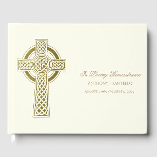Gold Celtic Cross Irish Memorial Funeral Guest Book