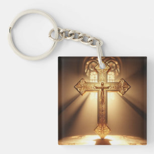 Gold Celtic Cross with Crucifixion Key Ring