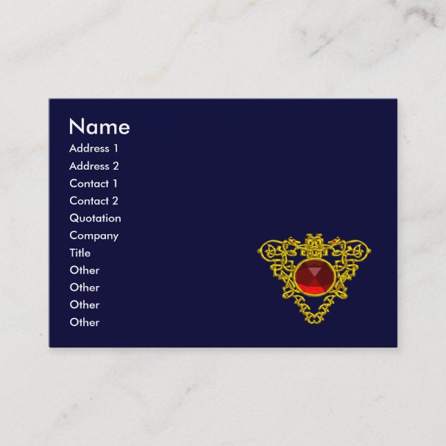 GOLD CELTIC HEART JEWEL,RED RUBY GEMSTONE Blue Business Card (Front)