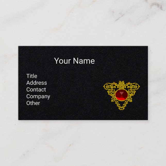 GOLD CELTIC HEART JEWEL WITH RED RUBY Black Business Card (Front)