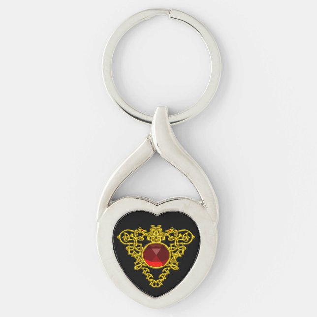 GOLD CELTIC HEART JEWEL WITH RED RUBY GEMSTONE  KEY RING (Front)