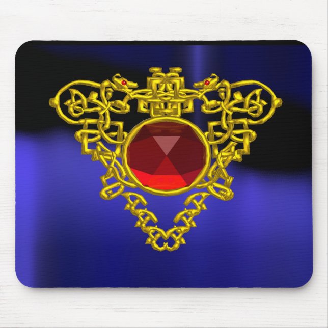 GOLD CELTIC HEART JEWEL WITH RED RUBY GEMSTONE MOUSE MAT (Front)