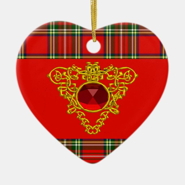 GOLD CELTIC HEART,RUBY, RED GREEN SCOTTISH TARTAN CERAMIC TREE DECORATION (Front)