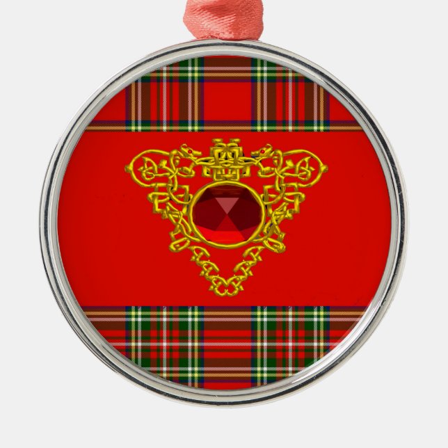 GOLD CELTIC HEART,RUBY, RED GREEN SCOTTISH TARTAN METAL TREE DECORATION (Front)
