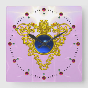 GOLD CELTIC HEART WITH BLUE SAPPHIRE ,Black Square Wall Clock