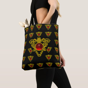 GOLD CELTIC KNOT HEART JEWEL RED GEMSTONE  Black Tote Bag