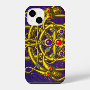 GOLD CELTIC KNOTS,TWIN DRAGONS,GEMSTONES Purple iPhone 14 Case