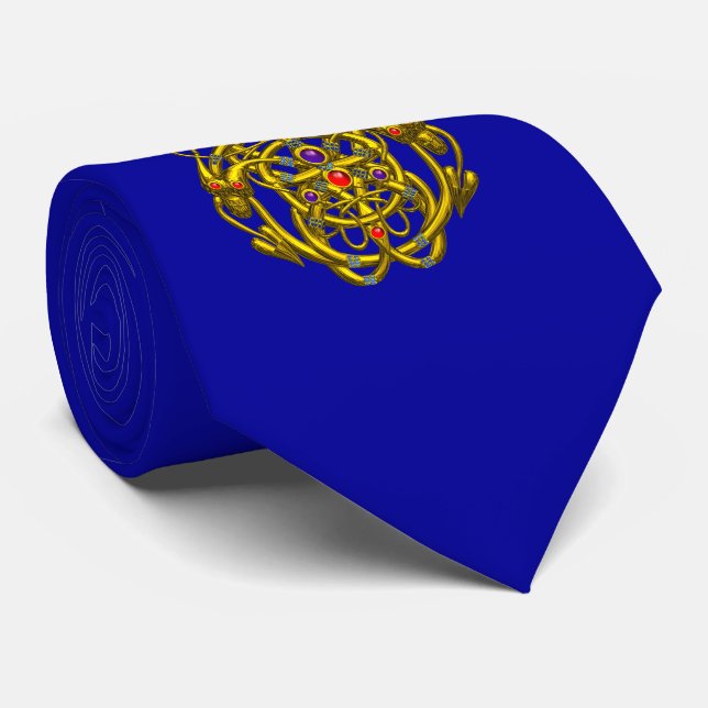 GOLD CELTIC KNOTS WITH TWIN DRAGONS Blue Tie (Rolled)