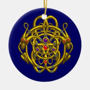 GOLD CELTIC KNOTS WITH TWIN DRAGONS CERAMIC TREE DECORATION