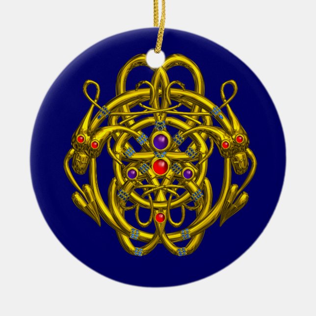 GOLD CELTIC KNOTS WITH TWIN DRAGONS CERAMIC TREE DECORATION (Front)