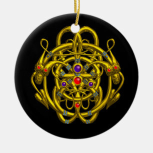 GOLD CELTIC KNOTS WITH TWIN DRAGONS CERAMIC TREE DECORATION