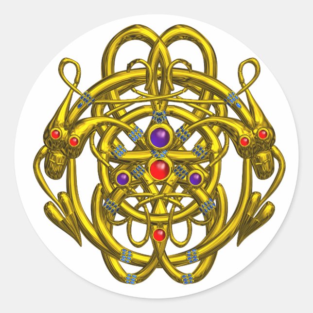 GOLD CELTIC KNOTS WITH TWIN DRAGONS CLASSIC ROUND STICKER (Front)