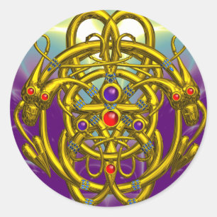 GOLD CELTIC KNOTS WITH TWIN DRAGONS CLASSIC ROUND STICKER