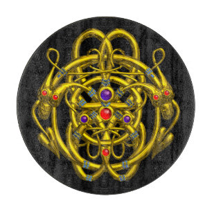 GOLD CELTIC KNOTS WITH TWIN DRAGONS IN BLACK CUTTI CUTTING BOARD