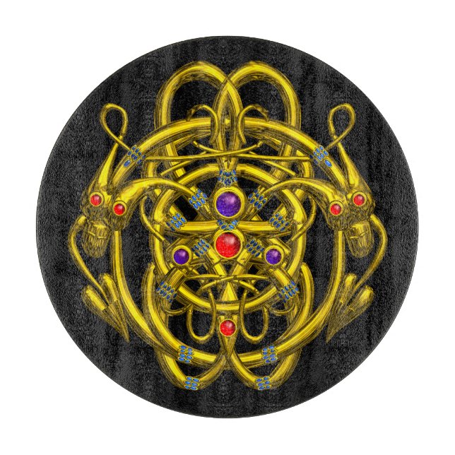 GOLD CELTIC KNOTS WITH TWIN DRAGONS IN BLACK CUTTI CUTTING BOARD (Front)