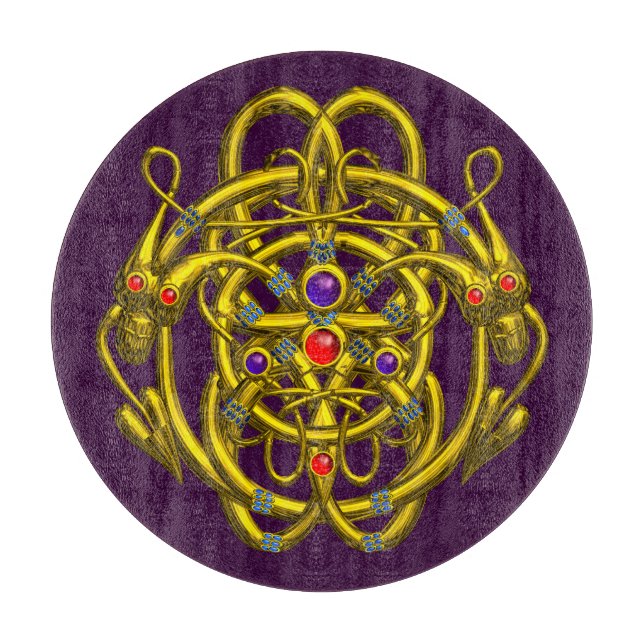 GOLD CELTIC KNOTS WITH TWIN DRAGONS IN PURPLE CUTT CUTTING BOARD (Front)