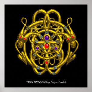 GOLD CELTIC KNOTS WITH TWIN DRAGONS POSTER