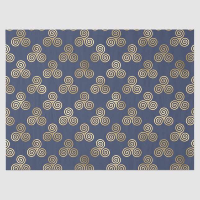 Gold Celtic Triskele Spirals on Navy Blue Tissue Paper (Front)