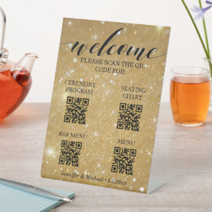 gold ceremony&seating chart&bar menu qr code  pedestal sign