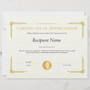 Gold Certificate of Appreciation Template
