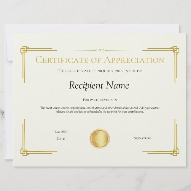 Gold Certificate of Appreciation Template (Front)