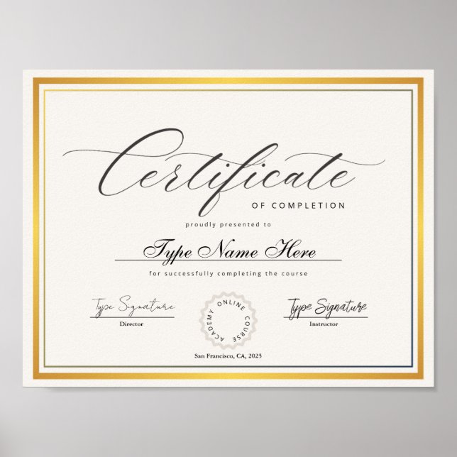Gold Certificate of completion, award diploma Poster (Front)