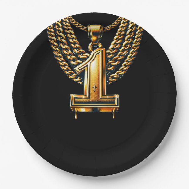 Gold Chain 1 Drip #1 1st Birthday Party Paper Plate (Front)